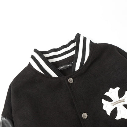 Chrome Hearts Cross Embroidered Leather Sleeve Varsity Jacket - Black Street Style 116