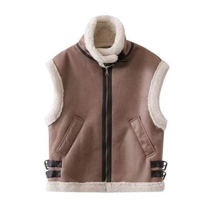 Women Vest Stitching Vest Fashion Faux Fur