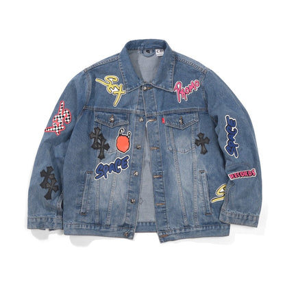 Chrome Hearts Patchwork Denim Jacket - Vintage Blue Gothic Street Jacket 0789