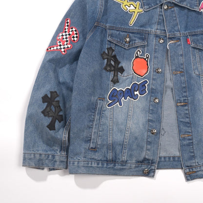 Chrome Hearts Patchwork Denim Jacket - Vintage Blue Gothic Street Jacket 0789