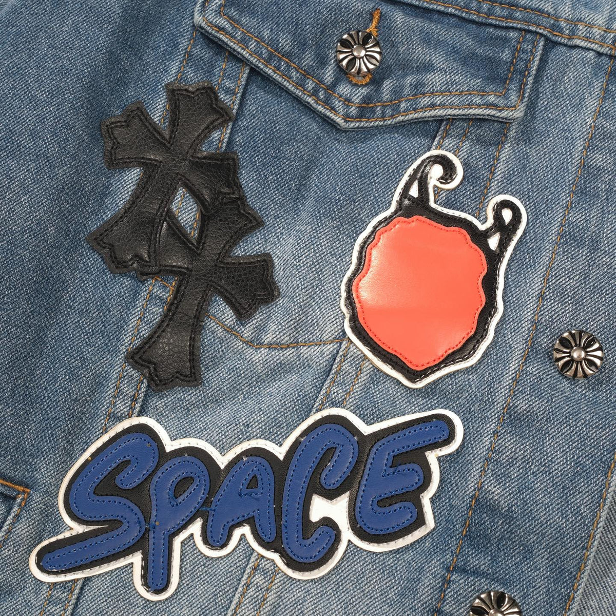 Chrome Hearts Patchwork Denim Jacket - Vintage Blue Gothic Street Jacket 0789